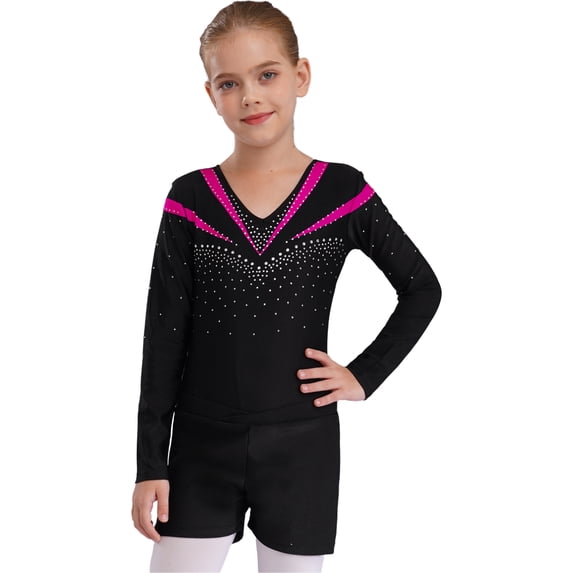 Aislor Kids Girls Shiny Beads Long Sleeve V Neck Gymnastic Leotard Dance Yoga Bodysuit with Shorts A Hot Pink 10