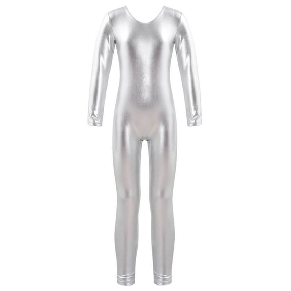 Aislor Kids Girls' Shiny Metallic Long Sleeves Full Length Gymnastics Dance Jumpsuit