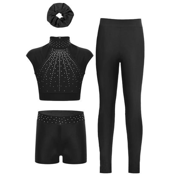 Aislor Kids Girls Shiny Rhinestone Gymnastics Dance Crop Top with Shorts Figure Ice Skating Leggings Hair Scrunchies Set Black 6