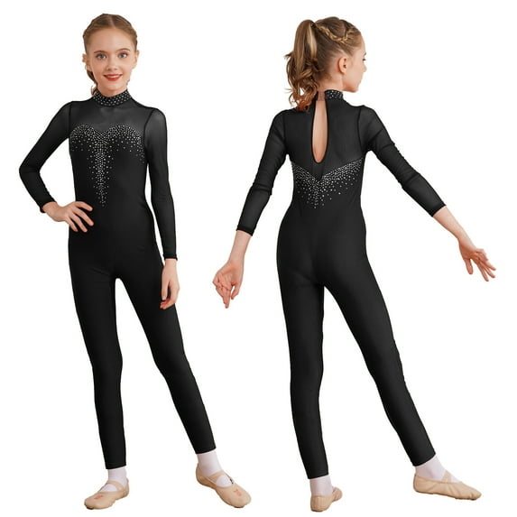 Aislor Kids Girls Shiny Rhinestone Gymnastics Leotard Long Sleeve Figure Skating Performance Bodysuit Size 6-16 A Black 8
