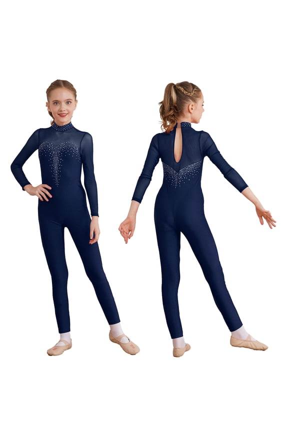 Kids Girls Shiny Rhinestone Gymnastics Leotard Long Sleeve Figure Skating Performance Bodysuit Size 6-16 Navy Blue 8