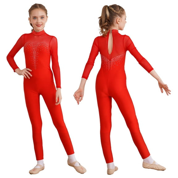 Aislor Kids Girls Shiny Rhinestone Gymnastics Leotard Long Sleeve Figure Skating Performance Bodysuit Size 6-16 Red 8