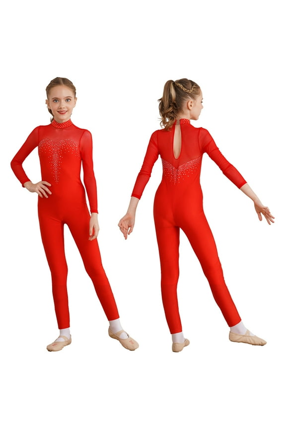 Kids Girls Shiny Rhinestone Gymnastics Leotard Long Sleeve Figure Skating Performance Bodysuit Size 6-16 Red 8