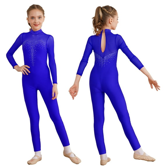 Aislor Kids Girls Shiny Rhinestone Gymnastics Leotard Long Sleeve Figure Skating Performance Bodysuit Size 6-16 Royal Blue 14