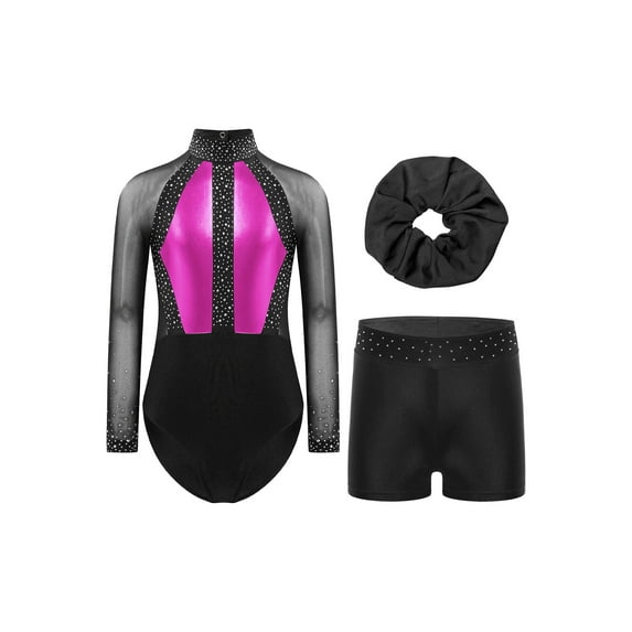 Aislor Kids Girls Shiny Rhinestones Gymnastic Long Sleeve Leotard with Shorts Skating Dancewear Hot Pink 8