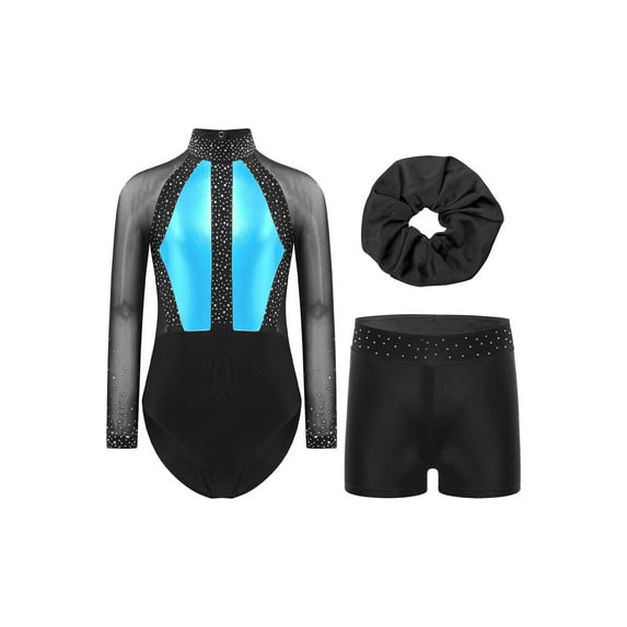 Aislor Kids Girls Shiny Rhinestones Gymnastic Long Sleeve Leotard with Shorts Skating Dancewear Light Blue 8