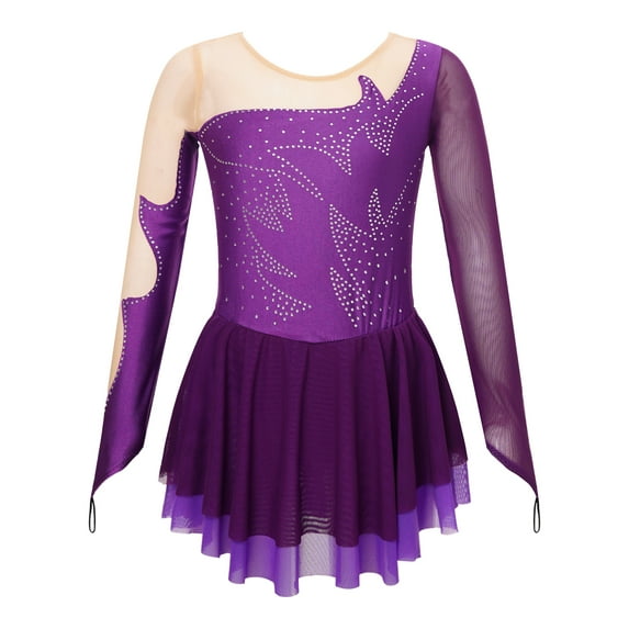 Aislor Kids Girls Shiny Rhinestones Mesh Long Sleeve Figure Ice Skating Dress Ballet Tutu Skirt Dancewear Purple 12