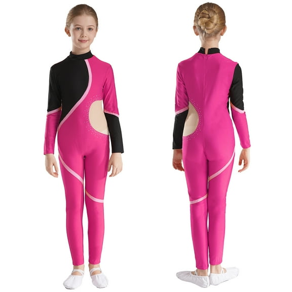 Aislor Kids Girls Shiny Rhinestones Mock Neck Long Sleeve Leotard Unitard Full Length Bodysuit Dancewear Hot Pink 8