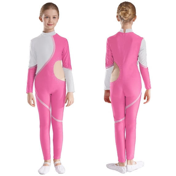 Aislor Kids Girls Shiny Rhinestones Mock Neck Long Sleeve Leotard Unitard Full Length Bodysuit Dancewear Pink 6