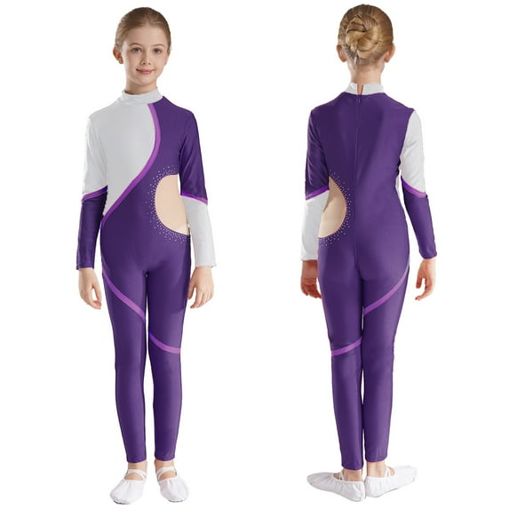 Aislor Kids Girls Shiny Rhinestones Mock Neck Long Sleeve Leotard Unitard Full Length Bodysuit Dancewear Purple 12
