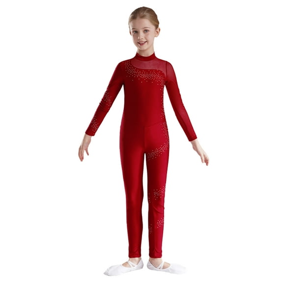 Aislor Kids Girls Gymnastics Leotard Full Body Figure Skating Unitard Long Sleeve Bodysuit Ballet Dancewear Burgundy 16