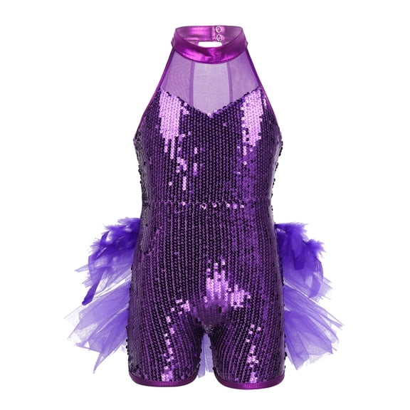 Aislor Kids Girls Shiny Sequins Ballet Jazz Latin Dance Mesh Splice Leotard Dancewear A Purple 14
