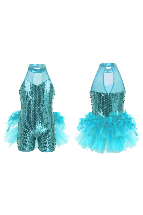 Kids Girls Shiny Sequins Ballet Jazz Latin Dance Mesh Splice Leotard Dancewear Light Blue 10