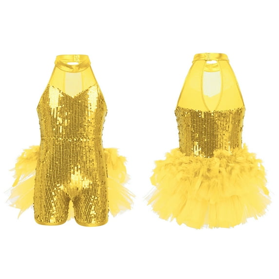 Aislor Kids Girls Shiny Sequins Ballet Jazz Latin Dance Mesh Splice Leotard Dancewear Yellow 6