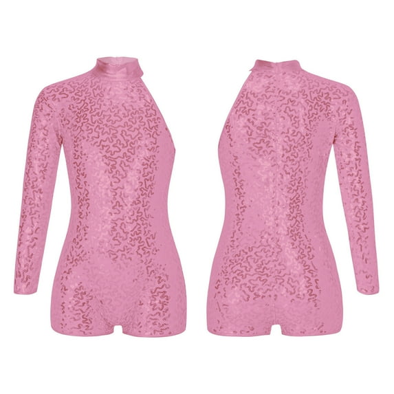 Aislor Kids Girls Shiny Sequins Jazz Dance Leotard Dance Single Long Sleeve Costumes 6-16 Pink 10