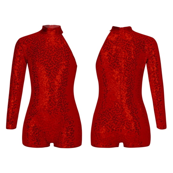 Aislor Kids Girls Shiny Sequins Jazz Dance Leotard Dance Single Long Sleeve Costumes 6-16 Red 10