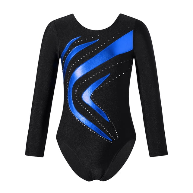 Girls Rhinestone Gymnastics Leotard With Metallic Shorts & Hair Band - Shiny Mesh Long Sleeve Bodysuit