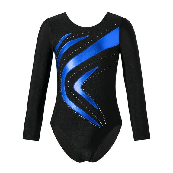 Aislor Kids Girls Shiny Waves Metallic Long Sleeve Gymnastics Leotard Ballet Dance Unitard Athletic Bodysuit Size 4-14 Royal Blue 6