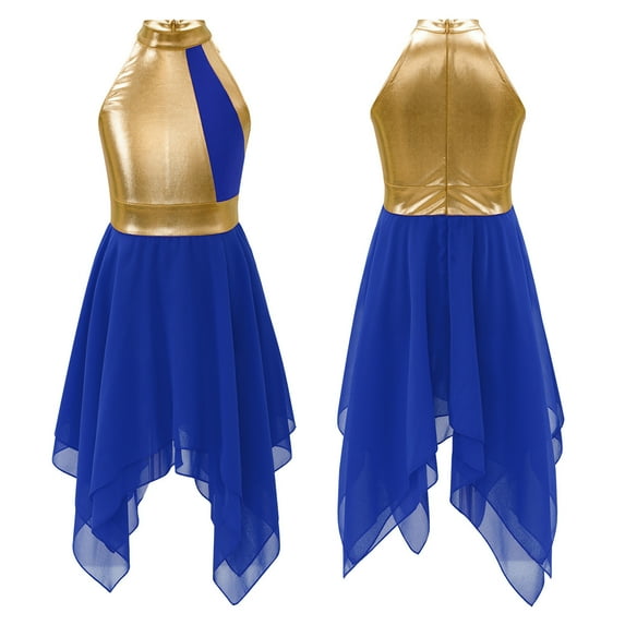 Aislor Kids Girls Sleeveless Color Block Asymmetrical Praise Dance Lyrical Dress 6-16 Blue 16