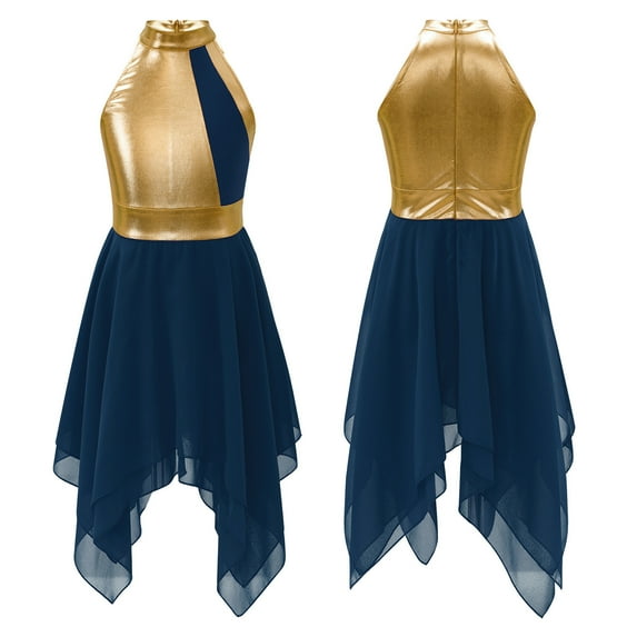 Aislor Kids Girls Sleeveless Color Block Asymmetrical Praise Dance Lyrical Dress 6-16 Dark Blue 8