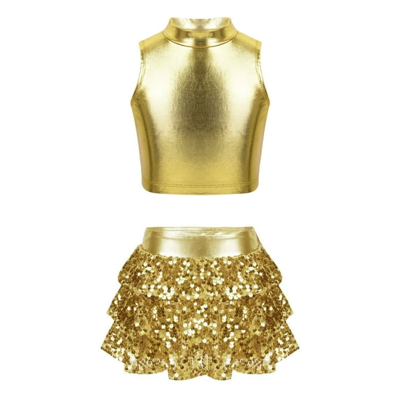 Aislor Kids Girls Sleeveless Crop Top with Sequins Skirted Shorts Set Salsa Samba Latin Jazz Dance Ballroom Costume Gold 14