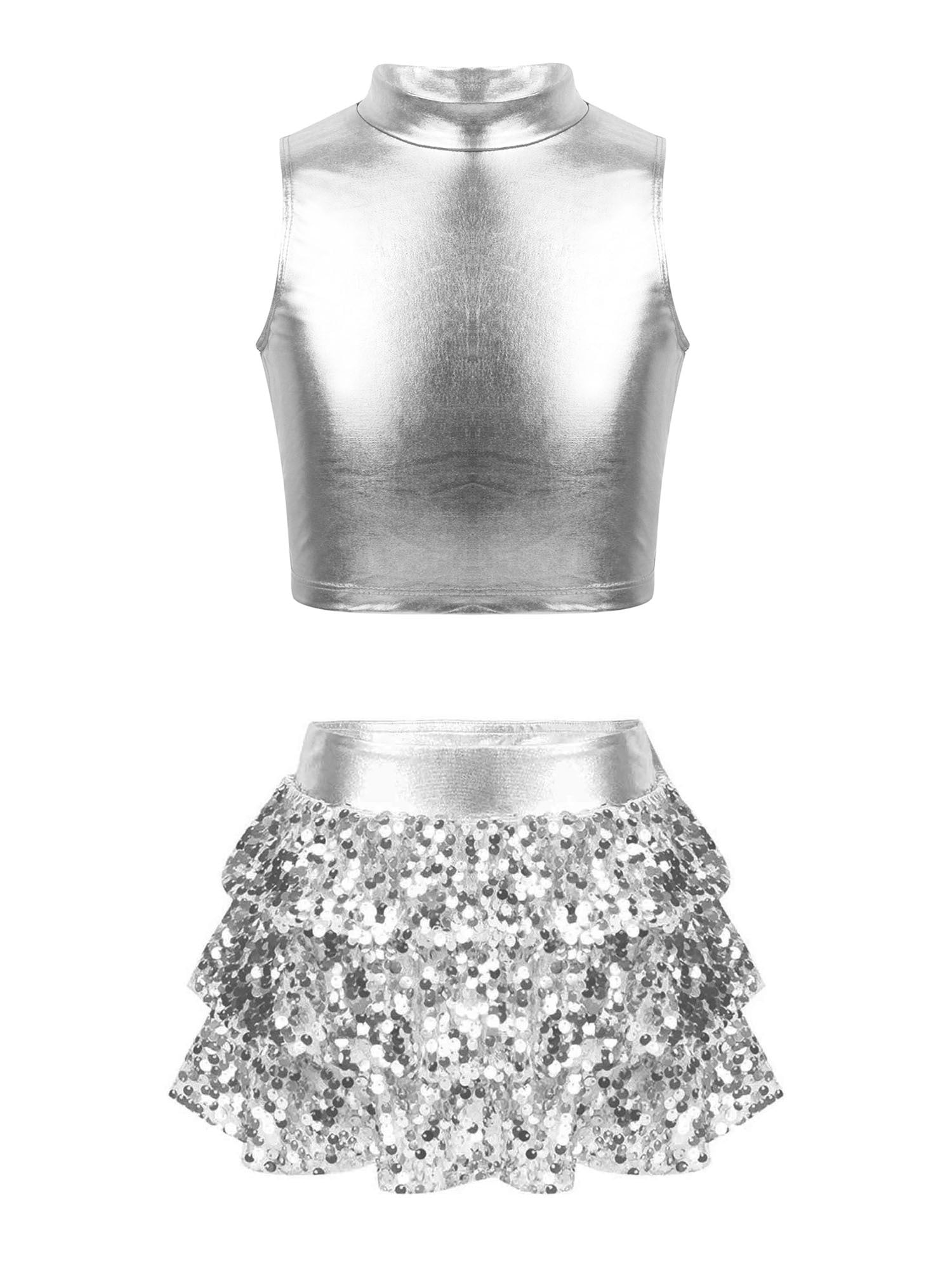 Aislor Kids Girls Sequins Mesh Long Sleeve One Shoulder Ballet Hip Hop Dance Crop Top With Ruffle Skirt Red 14