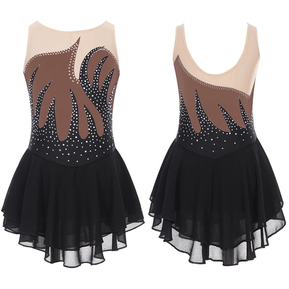 Aislor Kids Girls Sleeveless Figure Ice Roller Skating Leotard Dress Rhinestone Splice Mesh Dancewear Brown 8