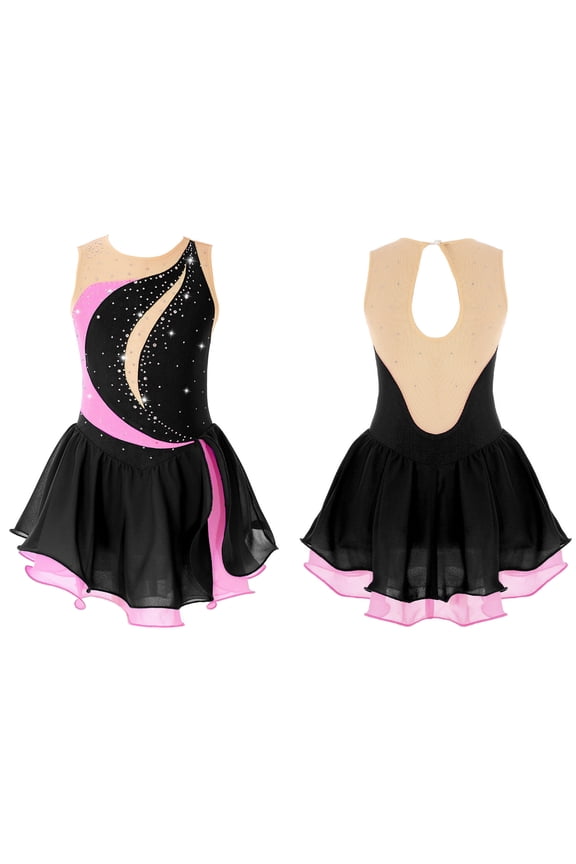 Kids Girls Sleeveless Figure Skating Dress Shiny Rhinestone Ballet Dance Performance Costume A Black 10