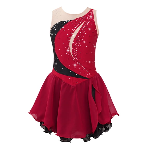 Aislor Kids Girls Sleeveless Figure Skating Dress Shiny Rhinestone Ballet Dance Performance Costume Burgundy 10