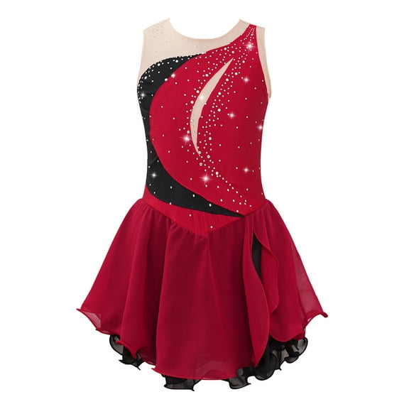 Aislor Kids Girls Sleeveless Figure Skating Dress Shiny Rhinestone Ballet Dance Performance Costume Burgundy 8