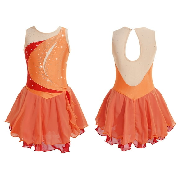 Aislor Kids Girls Sleeveless Figure Skating Dress Shiny Rhinestone Ballet Dance Performance Costume Orange 12