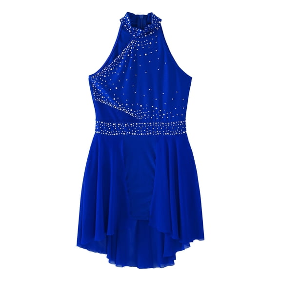 Aislor Kids Girls Sleeveless Halter Neck Figure Ice Skating Lyrical Modern Contemporary Ballet Dance Dress Royal Blue 12