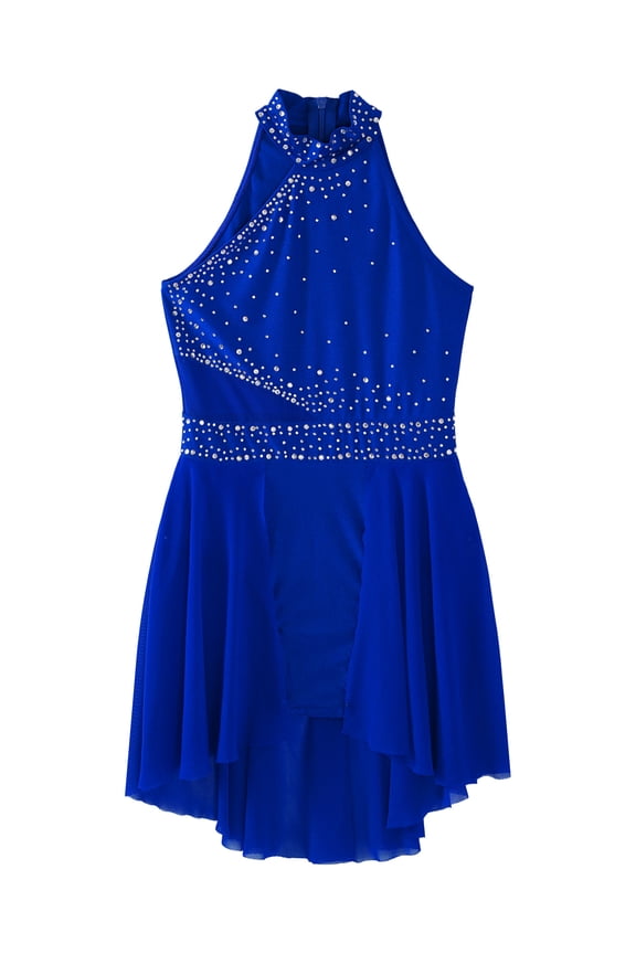 Kids Girls Sleeveless Halter Neck Figure Ice Skating Lyrical Modern Contemporary Ballet Dance Dress Royal Blue 16