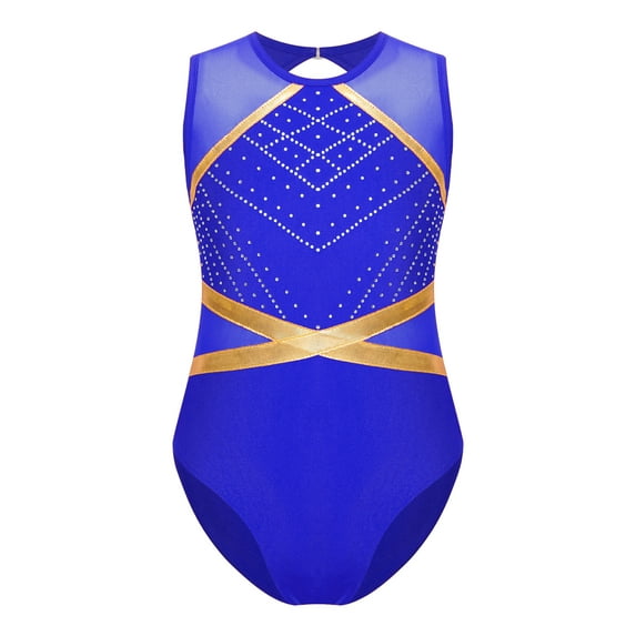 Aislor Kids Girls Sleeveless Keyhole Back Patchwork Gymnastics Leotard Kids Ballet Dance Unitard Blue 10
