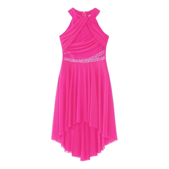 Aislor Girls Rhinestones Halter Neck Lyrical Dance Dress Ballet Tulle Leotard Dress Hi-Lo Contemporary Dancewear Hot Pink 6