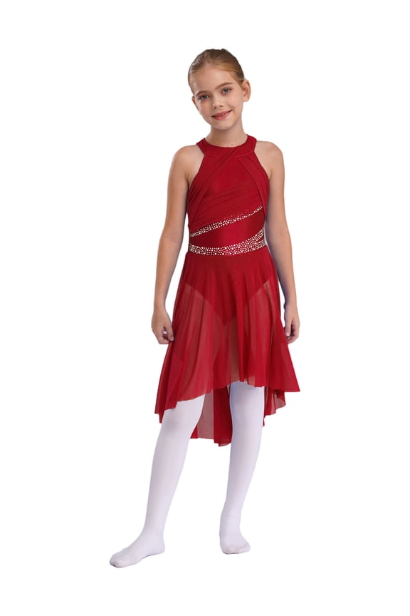 Girls Rhinestones Halter Neck Lyrical Dance Dress Ballet Tulle Leotard Dress Hi-Lo Contemporary Dancewear Burgundy 14