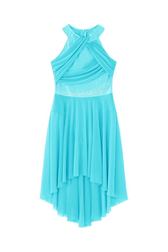 Girls Rhinestones Halter Neck Lyrical Dance Dress Ballet Tulle Leotard Dress Hi-Lo Contemporary Dancewear Light blue 8