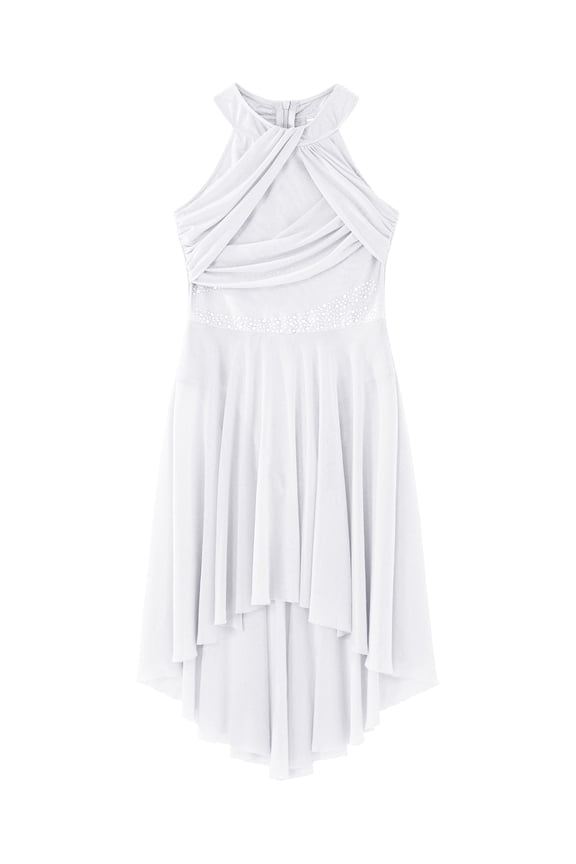 Girls Rhinestones Halter Neck Lyrical Dance Dress Ballet Tulle Leotard Dress Hi-Lo Contemporary Dancewear White 6