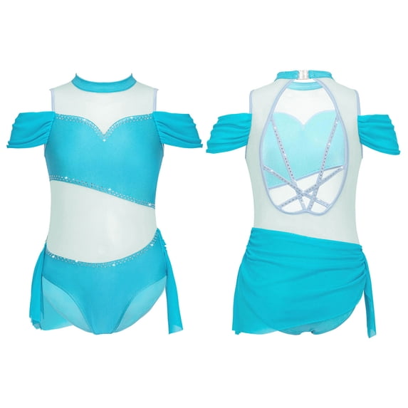 Aislor Kids Girls Sleeveless Off-Shoulder Shiny Rhinestone Leotard Modern Ballet Dancewear Size 6-16 Blue 14