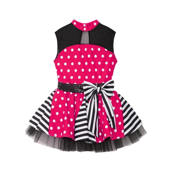 Aislor Kids Girls Sleeveless Polka Dots Print Mesh Sequins Bowknot Waist Ballet Dance Tutu Dress Hot Pink 4