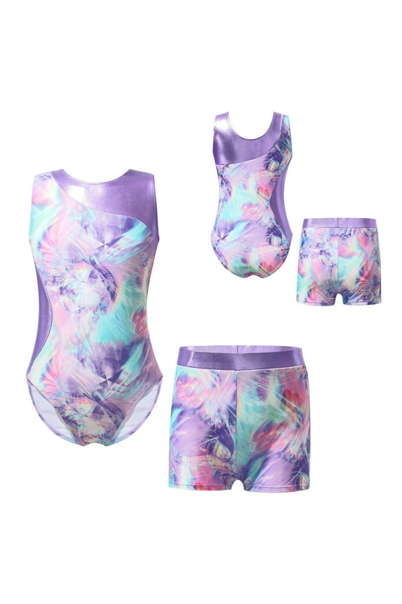 Kids Girls 2 Piece Athletic Outfit Gymnastics Dance Leotard with Booty Shorts Tracksuit Swimwear Colorful Shadow 14