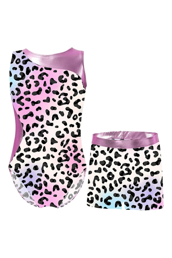 Kids Girls 2 Piece Athletic Outfit Gymnastics Dance Leotard with Booty Shorts Tracksuit Swimwear Leopard Colorful 12