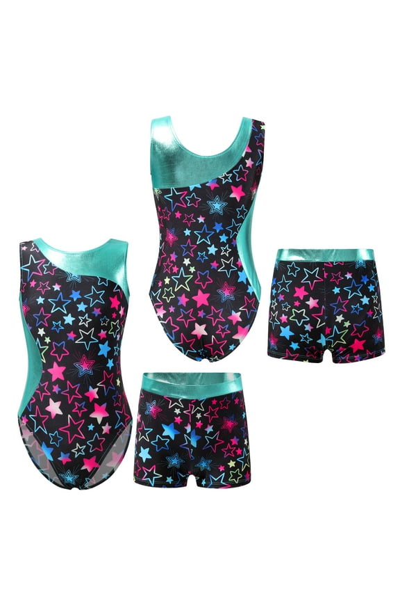 Kids Girls 2 Piece Athletic Outfit Gymnastics Dance Leotard with Booty Shorts Tracksuit Swimwear Starry Black 12