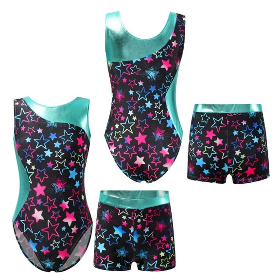 Aislor Kids Girls 2 Piece Athletic Outfit Gymnastics Dance Leotard with Booty Shorts Tracksuit Swimwear Starry Black 6