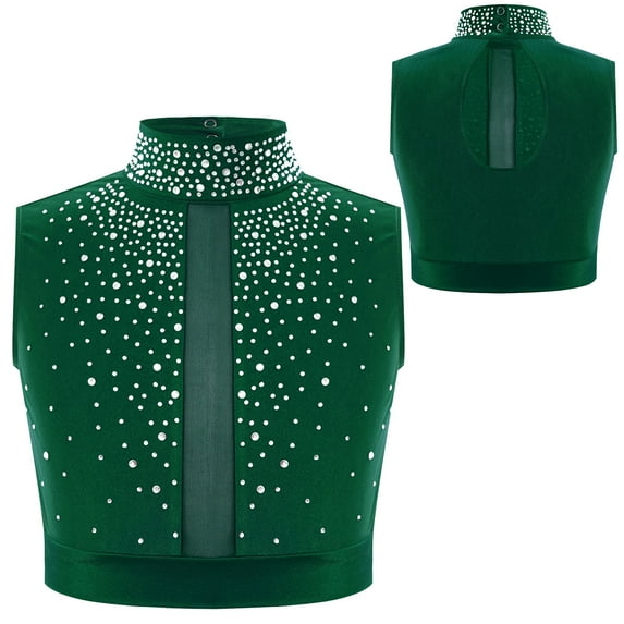 Aislor Kids Girls Sleeveless Shiny Rhinestone Lyrical Jazz Modern Ballet Dance Crop Tank Tops Shirt Dancewear Green 6