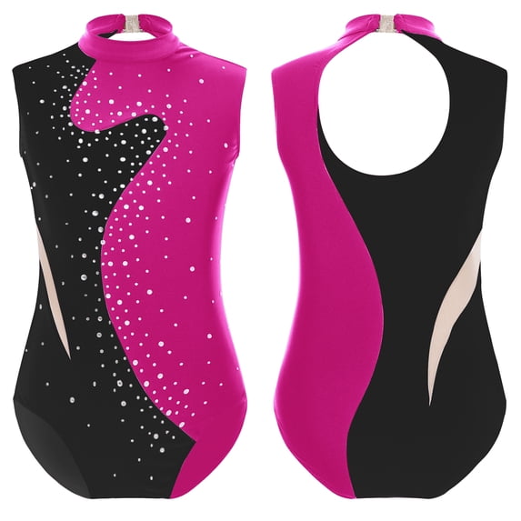 Aislor Kids Girls Sleeveless Sparkly Gymnastic Leotard Mock Neck Rhinestone Ballet Skating Dancewear Hot Pink 8