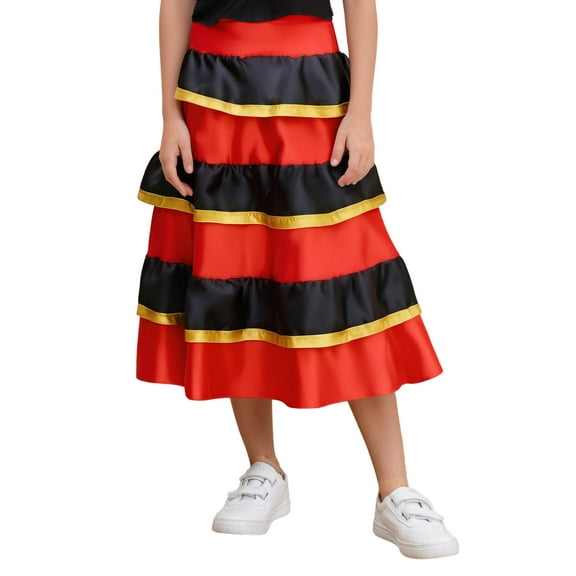 Aislor Kids Girls Spanish Bull Dance Skirt Belly Dance Skirts Big Swing Flamenco Gypsy Dancer Performance Costume Red 161-165