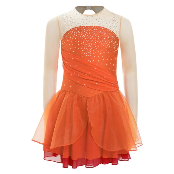Aislor Kids Girls Sparkle Mesh Splice Figure Ice Skating Dress Ballet Leotard Tutu Skirt Dancewear Orange 14