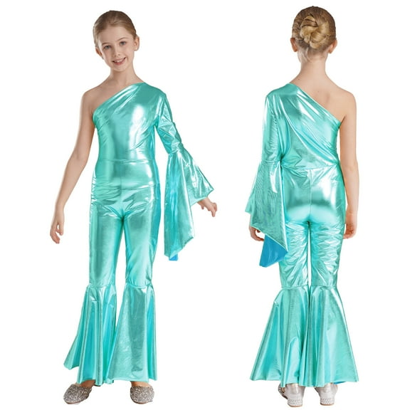 Aislor Kids Girls Sparkle One Shoulder Long Sleeve Wide Leg Romper Flare Bell Bottom Playsuit Gymnastics Jumpsuit Blue Green 12