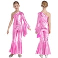 thumbnail image 1 of Aislor Kids Girls Sparkle One Shoulder Long Sleeve Wide Leg Romper Flare Bell Bottom Playsuit Gymnastics Jumpsuit Pink 16, 1 of 7